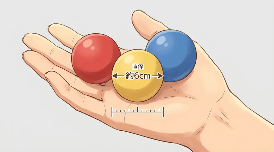 手のひらに乗せたボールで直径約6cmの大きさを示すイラスト
