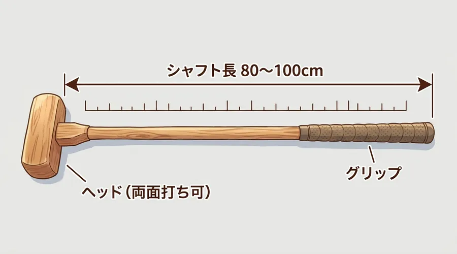 グラウンドゴルフのクラブの各部名称(ヘッド・グリップ・シャフト長)を示す図解イラスト