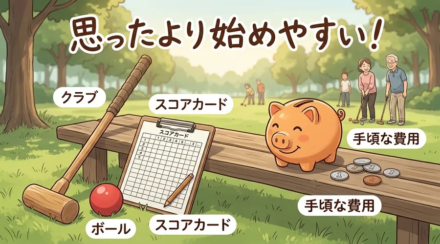 グラウンドゴルフの道具と貯金箱を並べた、費用の手頃さを表すイラスト