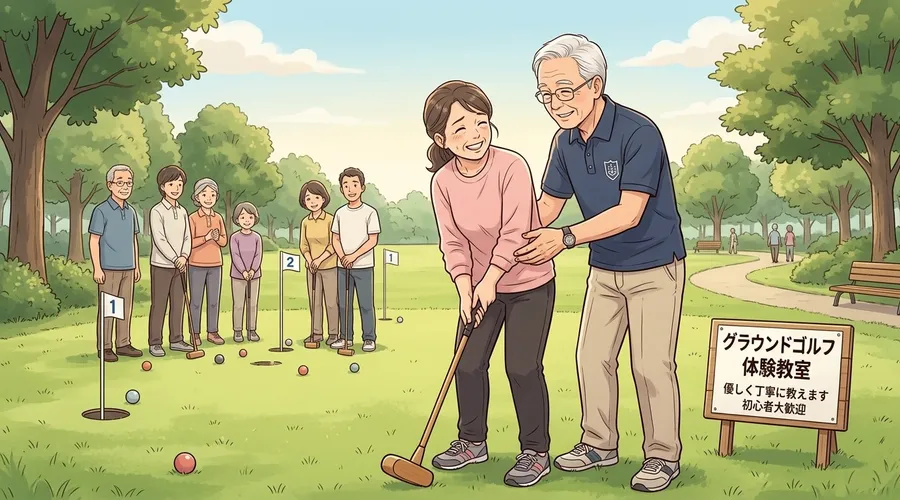 体験教室でインストラクターが初心者にクラブの構え方を教えているイラスト