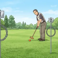 番号付きホールポストに向かってクラブを構える人のイラスト