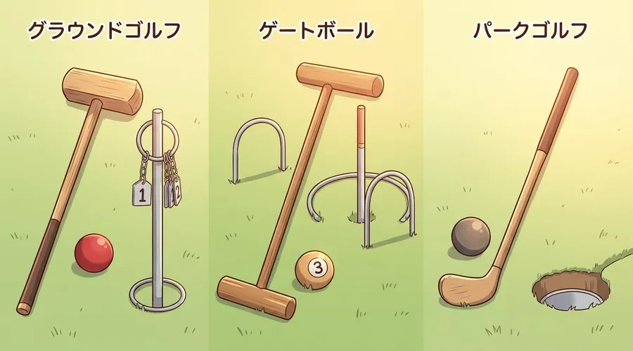 グラウンドゴルフ・ゲートボール・パークゴルフの道具を並べて比較したイラスト