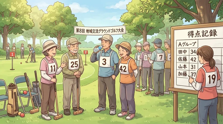 地域のグラウンドゴルフ大会で参加者がゼッケンを付けて交流している様子のイラスト